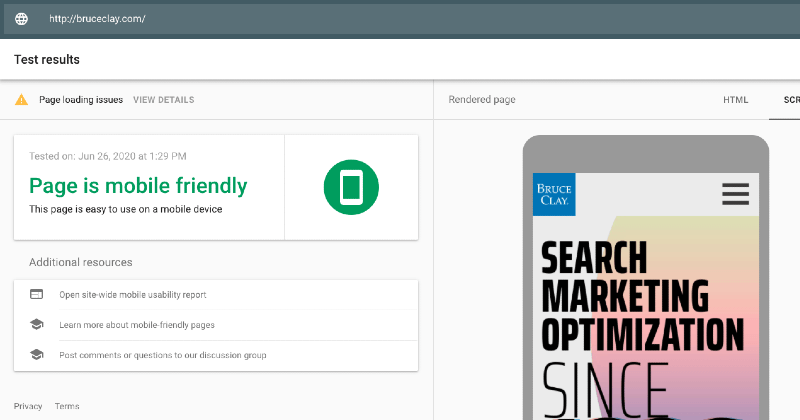 Google mobile-friendly test results.